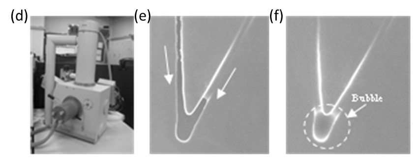ESEM実験(c)   (d)装置写真 (e)V字チャネル (f)気泡トラップ