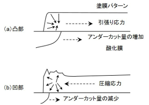 凹凸パターン部での応力集中と変形