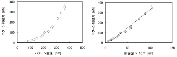 円筒形パターンの付着性のサイズ依存性